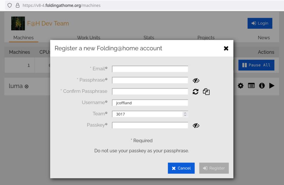 Account registration screen, showing fields for email and passphrase with options to auto-generate and reveal the passphrase