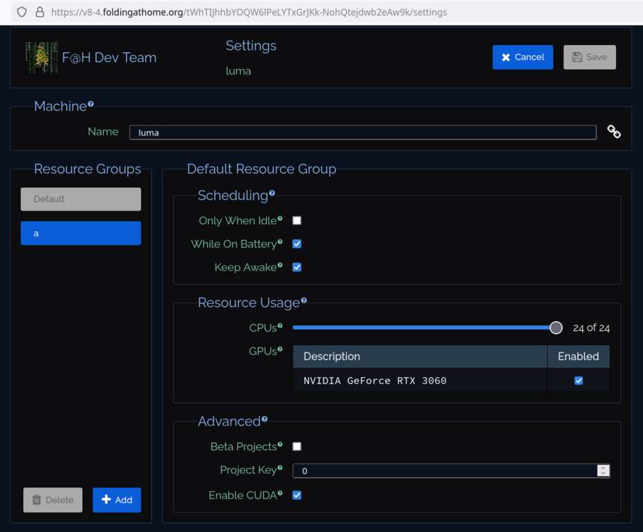 Machine settings in advanced mode, showing Beta Projects toggle, Project Key, and Resource Groups options