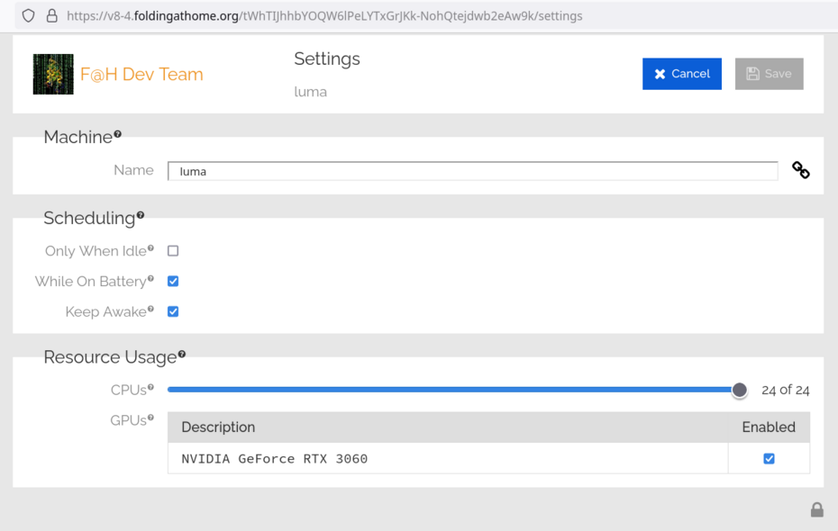 Per-machine settings screen with Scheduling toggles and Resource Usage sliders for CPUs and GPUs