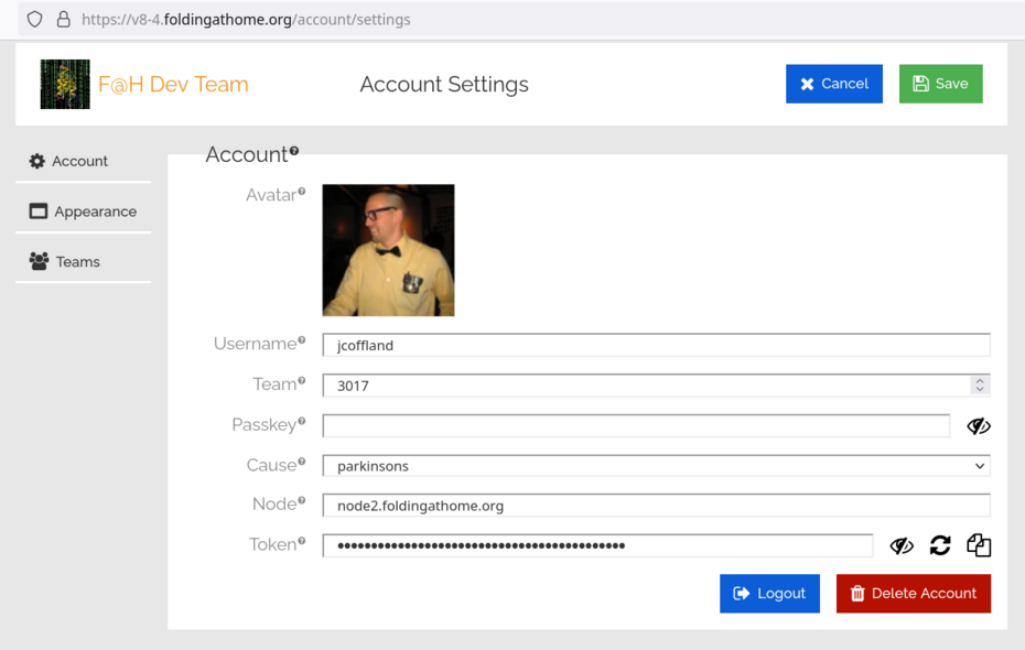 Account settings screen with Username, Team, Passkey, Cause, Node and Token fields
