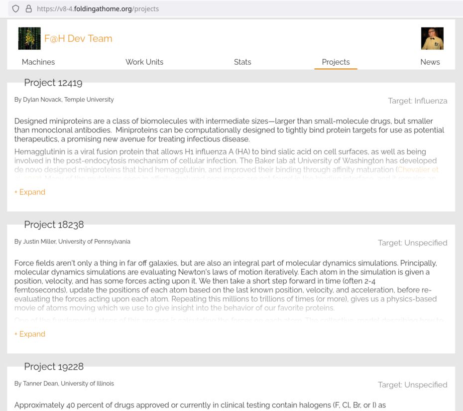 Projects page listing the research projects your machines are currently folding, with project IDs and brief descriptions