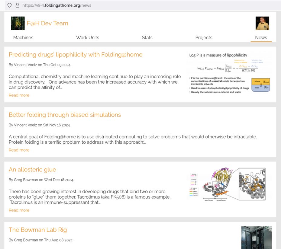 News page showing recent Folding@home blog posts with titles and dates